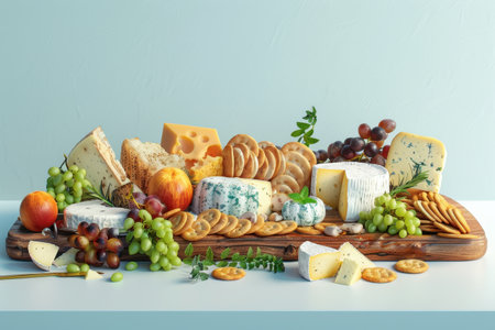 A plate of cheese and crackers with grapes and blue cheese. The plate is colorful and appetizingの素材