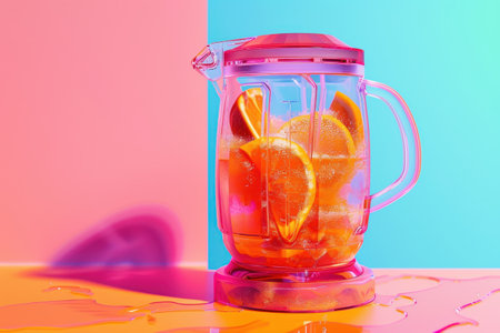 A blender with a yellow lid is spinning rapidly. The blender is on a white surface and the colors of the blender and the surface are vibrant. Concept of energy and excitementの素材