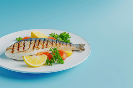 A plate of food with a fish fillet and a lemon wedge. The plate is set on a white table with Generative AIの素材
