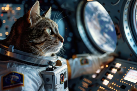 A cat in a space suit is driving a spaceship. The cat is orange and whiteの素材