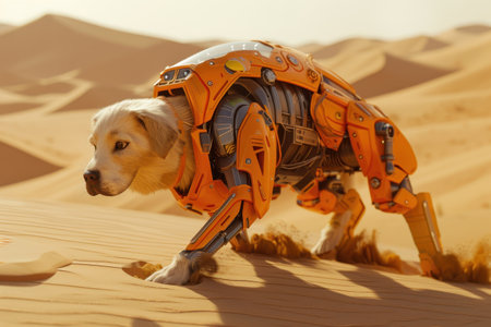 A robot dog is running through the desert. The robot dog is made of metal and has a robotic appearance. The desert is dry and sandy, with no signs of life with Generative AIの素材