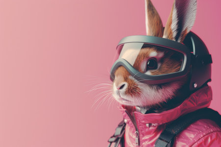 A rabbit wearing a helmet and goggles is looking at the cameraの素材