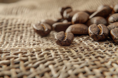 A bunch of coffee beans are spread out on a piece of cloth. The beans are of different sizes and are scattered all over the cloth. Concept of warmth and comfort with Generative AIの素材