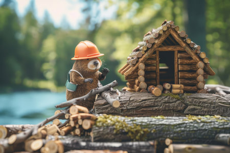 A small brown animal with a yellow helmet is standing on a log near a house. The animal is holding a book in its mouth. The scene has a playful and whimsical moodの素材