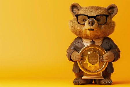 A bear wearing glasses and a suit holding a gold framed certificateの素材