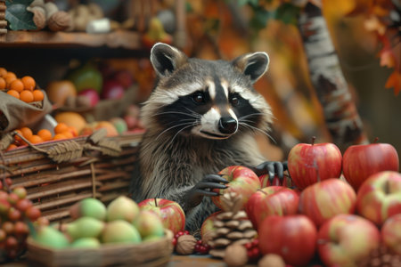 A raccoon is standing in front of a fruit stand with apples and pears. The scene is set in autumn, with the fruits and leaves on display. The raccoon appears to be curious and interested in the fruits with Generative AIの素材