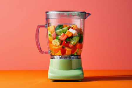 A blender full of fruits and vegetables. The blender is green and has a yellow lid. The fruits and vegetables are chopped up and ready to be blendedの素材
