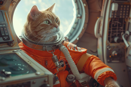 A cat in a space suit is driving a spaceship. The cat is orange and whiteの素材