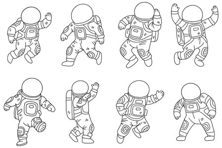 A series of drawings of astronauts in space. The drawings are all in black and white. The drawings are of astronauts in various poses, some are standing and some are walkingのイラスト素材