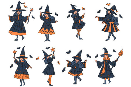 A set of six black and white drawings of witches and wizards. The drawings are of children dressed in costumes and are dancing. Scene is playful and whimsicalのイラスト素材