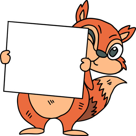 A cartoon squirrel holding a blank sign. The sign is white and has no writing on it. The squirrel is smiling and he is happyのイラスト素材