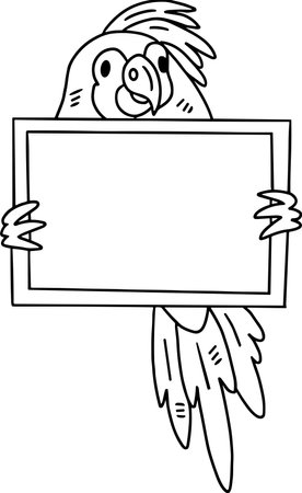 A parrot holding a blank sign. The parrot is holding the sign in its beak and is looking at the camera. The image has a playful and lighthearted mood, as the parrot is the main focusのイラスト素材