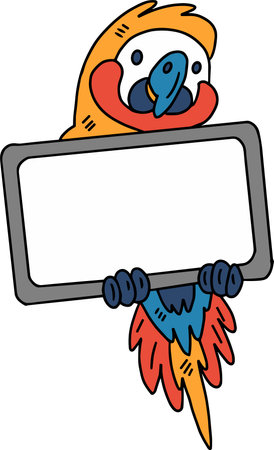 A parrot holding a blank sign. The parrot is holding the sign in its beak and is looking at the camera. The image has a playful and lighthearted mood, as the parrot is the main focusのイラスト素材