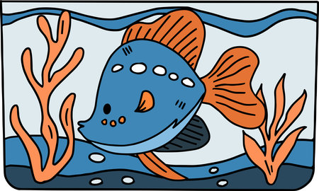 A fish is swimming in a tank with some plants and rocks. The fish is black and whiteのイラスト素材