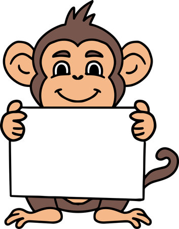 A monkey holding a blank piece of paper. The monkey is smiling and he is happy. Concept of playfulness and joyのイラスト素材