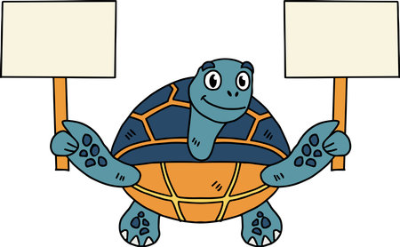 A turtle holding a sign. The sign is white and has a black borderのイラスト素材