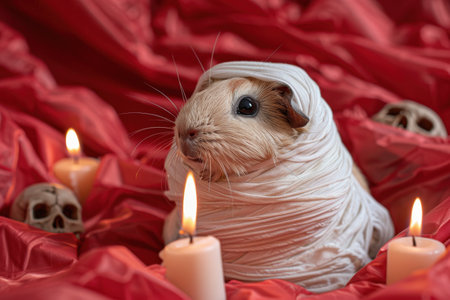 A white guinea pig is wrapped in a sheet and laying on a yellow background. The scene has a spooky and eerie vibe, with the guinea pig surrounded by candles and skulls with Generative AIの素材