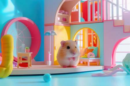 hamsters is in a dollhouse, looking at the camera. The dollhouse is yellow and blue, and there are several other toys in the scene. Scene is playful and lighthearted with Generative AIの素材