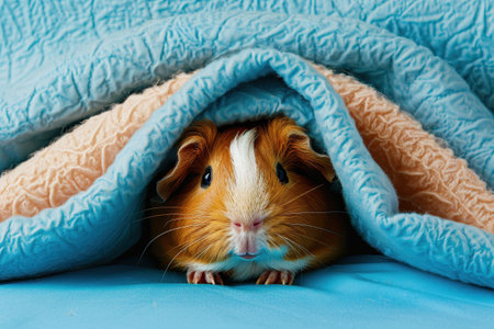 A small brown and white guinea pig is curled up in a blanket. The blanket is colorful and has stripes with Generative AIの素材