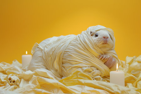 A white guinea pig is wrapped in a sheet and laying on a yellow background. The scene has a spooky and eerie vibe, with the guinea pig surrounded by candles and skulls with Generative AIの素材