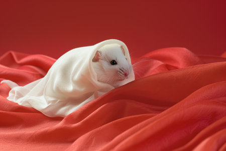 A white hamster is wearing a ghost costume. The hamster is standing on a yellow background with Generative AIの素材