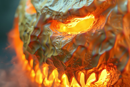 A glowing pumpkin with a scary face. The pumpkin is lit up with orange flames and has a menacing look with Generative AIの素材
