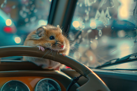 A hamster is sitting on the steering wheel of a car. The hamster is looking at the camera with Generative AIの素材
