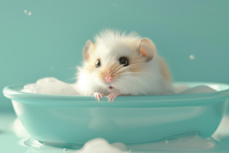 A hamster is sitting in a bowl. The hamster is looking at the camera with Generative AIの素材