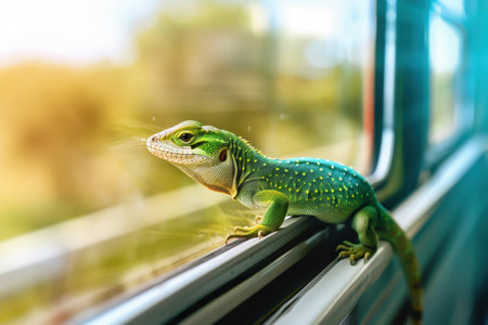 A green lizard is sitting on a window sill. The lizard is looking out the window, possibly watching the world go by. The scene is peaceful and calming with Generative AIの素材