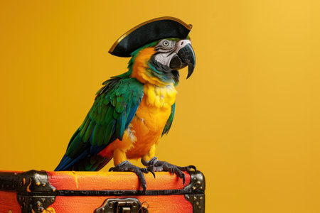 A parrot wearing a pirate's hat and a belt. The parrot is sitting on a box with Generative AIの素材
