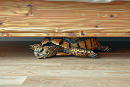 A small brown and white turtle is laying on a wooden floor. The turtle is looking up at the camera with Generative AIの素材
