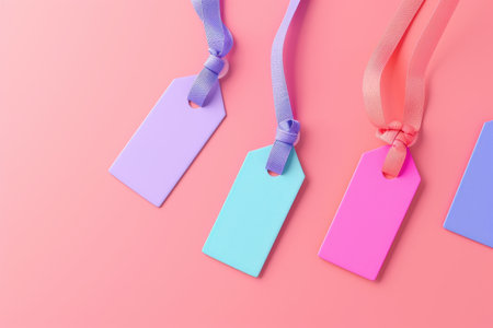 A colorful array of tags and tags with a background. The tags are of different colors and sizes, and they are all hanging on a pink surface. Concept of organization and order with Generative AIの素材