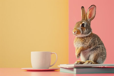 A rabbit is sitting on top of a stack of books and a cup. The rabbit is looking at the camera, and the scene has a playful and whimsical mood with Generative AIの素材
