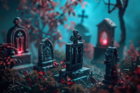 A graveyard with a cross and a headstone. The graveyard is surrounded by a foggy atmosphere with Generative AIの素材