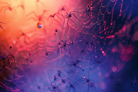 A spider web with two spiders on it. The web is pink and blue with Generative AIの素材