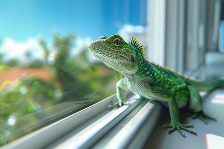 A green lizard is sitting on a window sill. The lizard is looking out the window, possibly watching the world go by. The scene is peaceful and calming with Generative AIの素材