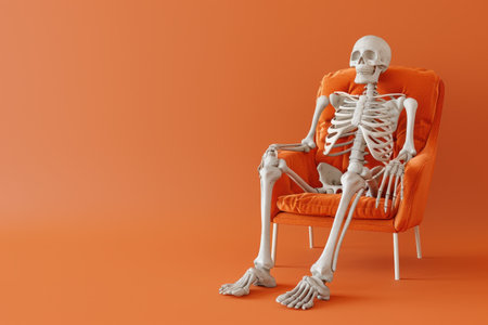 A skeleton is sitting in a chair. The skeleton is wearing a smile. The chair is orange and has a metal frame with Generative AIの素材