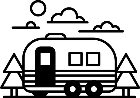 A black and white drawing of a camper van parked in front of a forest. Scene is peaceful and serene, as the camper van is surrounded by trees and the sky is clearのイラスト素材