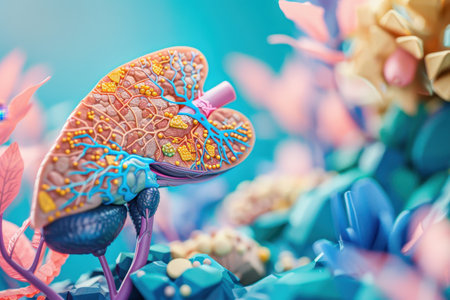 A colorful brain with red, blue and pink veins. The brain is surrounded by a heart and other organsの素材