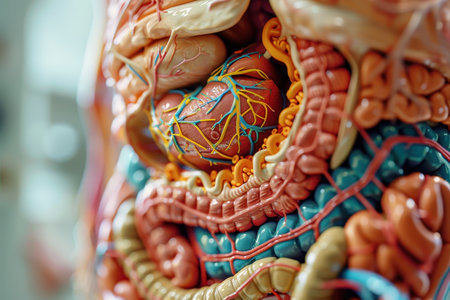 A close up of a human body with red and blue veins. Concept of life and vitality, as the veins are depicted in vivid colors. The close-up view emphasizes the intricate details of the human bodyの素材