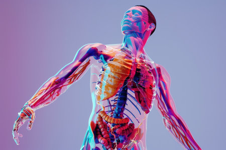 A man's body is shown in a very detailed and colorful way. The image is of a man's internal organs, including his stomach, intestines, and lungs. The colors are bright and vividの素材