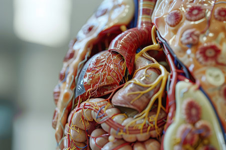 A close up of a human body with red and blue veins. Concept of life and vitality, as the veins are depicted in vivid colors. The close-up view emphasizes the intricate details of the human bodyの素材
