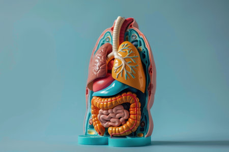 A model of a human body with a red heart and a yellow brain. Concept of the human body and its organsの素材