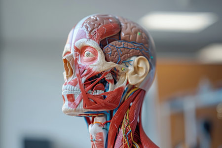 A close up of a human skull with red, blue and white colors. The skull is surrounded by muscles and veinsの素材