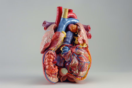 A heart model is shown with its veins and arteries clearly visible. The heart is surrounded by a white background, and the colors of the heart are red, blue, and purple. Concept of life and vitalityの素材