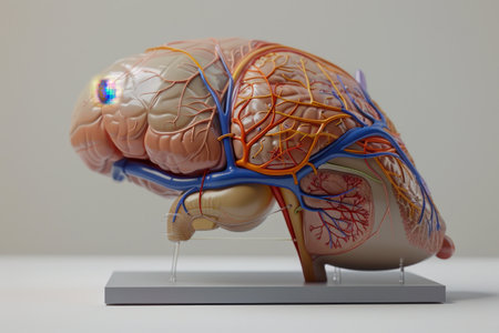 A heart with veins and branches is shown in a close up. The heart is red and has a yellowish tinge. The heart is surrounded by a white backgroundの素材