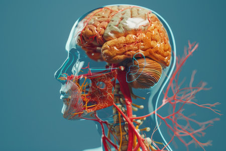 A brain with red veins and a blue backgroundの素材