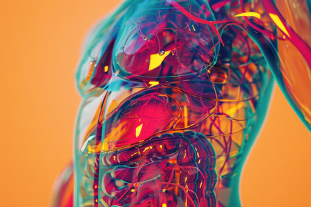 A colorful, abstract representation of a human body with a red heart. The image is vibrant and eye-catching, with a sense of movement and energy. The use of bright colorsの素材