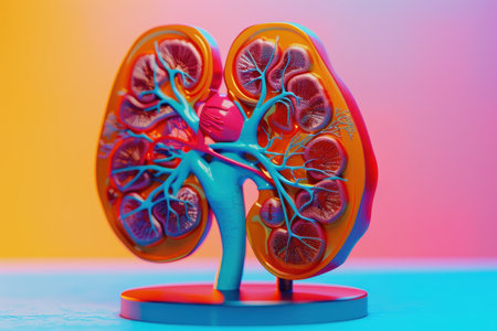 A close up of a pair of kidneys with red and orange blood vessels. The image is a representation of the human body and its internal organsの素材