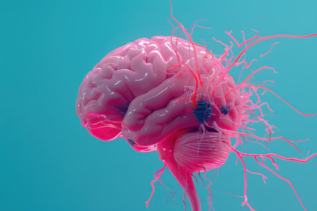 A brain with red veins and a blue backgroundの素材